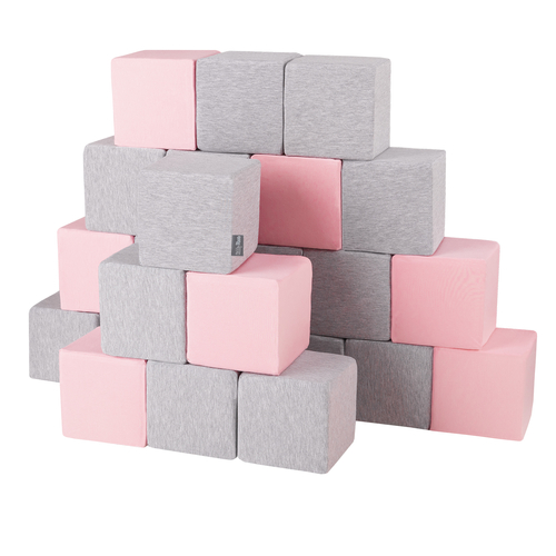 KiddyMoon Soft Foam Building Blocks for Babies & Toddlers, Washable Cotton Zip Cover, 14cm Cubes, Sensory Toy, cubes:light grey-pink, 24 Pieces