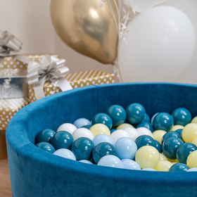 KiddyMoon Soft Plastic Play Balls ∅ 7cm/2.75in Multi-colour Made in EU, dark turquoise/pastel blue/pastel yellow/white, 700 Balls/7cm-2.75in