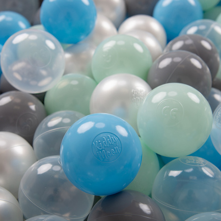 KiddyMoon Soft Plastic Play Balls β
7cm/2.75in Multi-colour Made in EU, pearl/grey/transparent/baby blue/mint, 200 Balls/7cm-2.75in