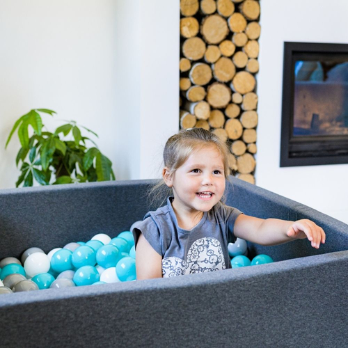 KiddyMoon Soft Ball Pit Square ∅ 7Cm / 2.75In For Kids, Foam Ball Pool Baby Playballs Children, Made In The EU, dark grey:grey-white-turquoise, 120x30cm/1000 balls