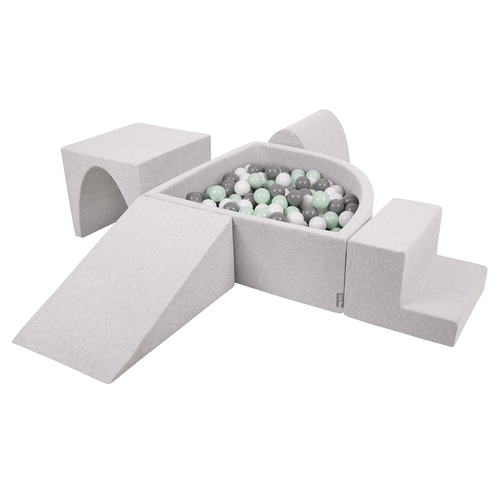 KiddyMoon Foam Playground for Kids with Quarter Angular Ballpit and Balls, lightgrey:white/grey/mint, Ballpit (300 Balls) + Version 3