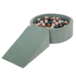 KiddyMoon Foam Playground For Kids Soft Textured Safe Blocks, green: dark turquoise/pastel beige/copper, Ballpit (100 Balls) + Wedge