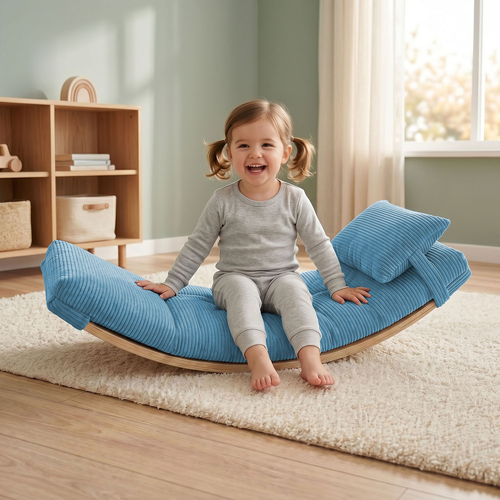 KiddyMoon Balance Board for Kids with Mattress and Pillow Wooden Sensory Wobble Board, natural/blue, Balance Board/Mattress/Pillow