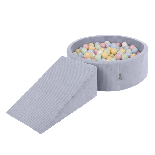 KiddyMoon Foam Playground For Kids Soft Textured Safe Blocks, dark grey: pastel blue/pastel yellow/white/mint/powder pink, Ballpit (100 Balls) + Wedge