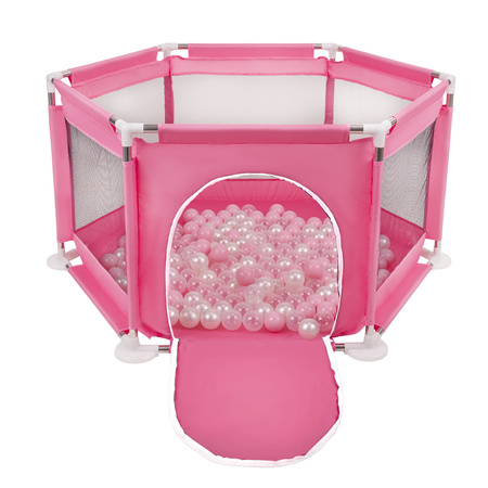 hexagon 6 side play pen with plastic balls, Pink:powder pink/pearl/transparent, 100 balls