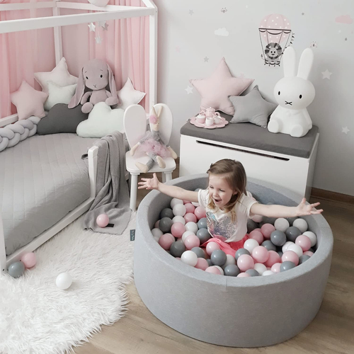 KiddyMoon Baby Foam Ball Pit with Balls ∅ 7cm / 2.75in Made in EU, light grey:dark turquoise/pastel blue/pastel yellow/white, 90 x 30 cm / 300 Balls