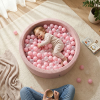 KiddyMoon Ball Pit for Baby with Teddy Plush, Large 7 cm Balls for a Fuller Ball Pit, From 8 Months, Removable Cover, Pink: Powder Pink/Transparent, 90 x 30 cm / 300 Balls