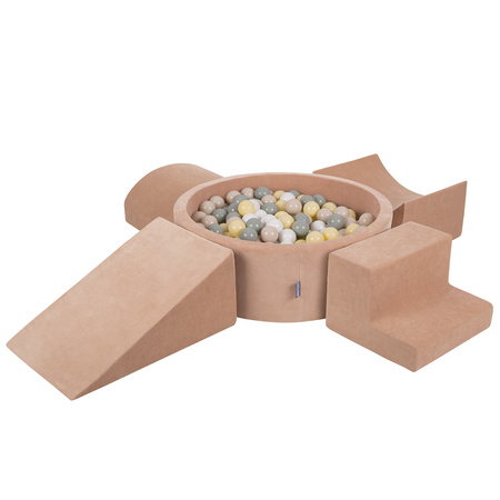 KiddyMoon Foam Playground Velvet for Kids with Round Ballpit ( ∅ 7cm/2.75In) Soft Obstacles Course and Ball Pool, Certified Made In The EU, desert pink:pastel beige/greengrey/pastel yellow/White, Ballpit (300 Balls) + Version 5