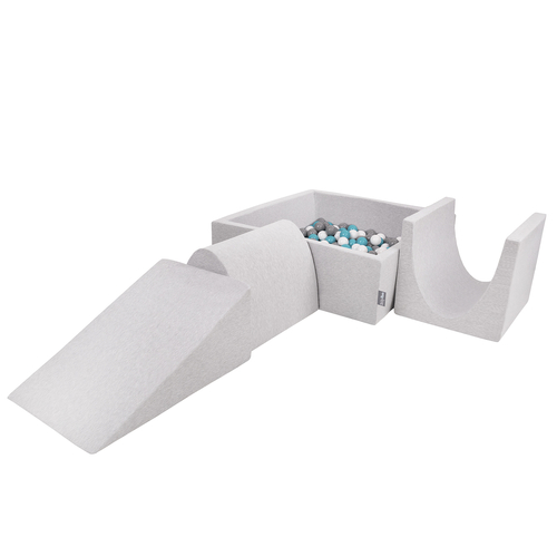 KiddyMoon Foam Playground for Kids with Square Ballpit ( ∅ 7cm/2.75In) Soft Obstacles Course and Ball Pool, Certified Made In The EU, lightgrey:grey/white/turquoise, Ballpit (200 Balls) + Version 2