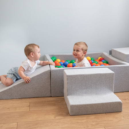 KiddyMoon Soft Ball Pit Quarter Angular ∅ 7cm / 2.75In for Kids, Foam Ball Pool Baby Playballs, Made In The EU, light grey:yellow/green/blue/red/orange, 90x30cm/200 balls