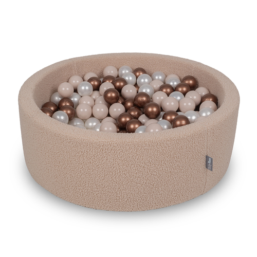 KiddyMoon Ball Pit for Baby with Teddy Plush, Large 7 cm Balls for a Fuller Ball Pit, From 8 Months, Removable Cover, Beige: Pastel Beige/Copper/Pearl, 90 x 30 cm / 200 Balls