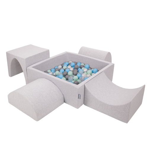 KiddyMoon Foam Playground for Kids with Square Ball pit ( ∅ 7cm/2.75In) Soft Obstacles Course and Ball Pool, Certified Made In The EU, lightgrey:pearl/grey/transparent/babyblue/mint, Ballpit (200 Balls) + Version 1