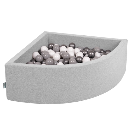 KiddyMoon Soft Ball Pit Quarter Angular ∅ 7cm / 2.75In for Kids, Foam Ball Pool Baby Playballs, Made In The EU, light grey:white/grey/silver, 90x30cm/200 balls