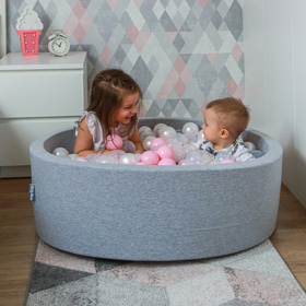 KiddyMoon Baby Foam Ball Pit with Balls ∅ 7cm / 2.75in Made in EU, light grey:light pink/pearl/transparent, 90x30cm/200 balls