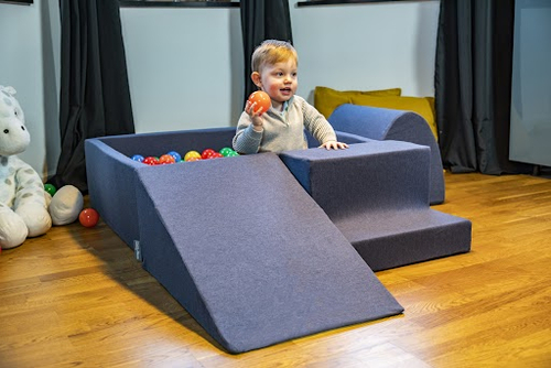 KiddyMoon Baby Foam Ball Pit with Balls ∅ 7cm / 2.75in Square Made in EU, dark blue:bablyblue/blue/pearl