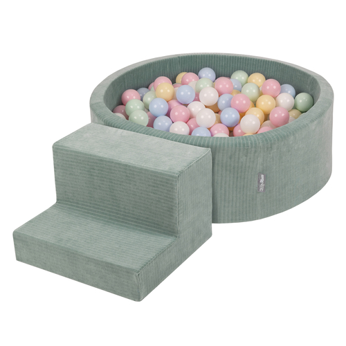 KiddyMoon Foam Playground For Kids Soft Textured Safe Blocks, green: pastel blue/pastel yellow/white/mint/powder pink, Ballpit (100 Balls) + Steps