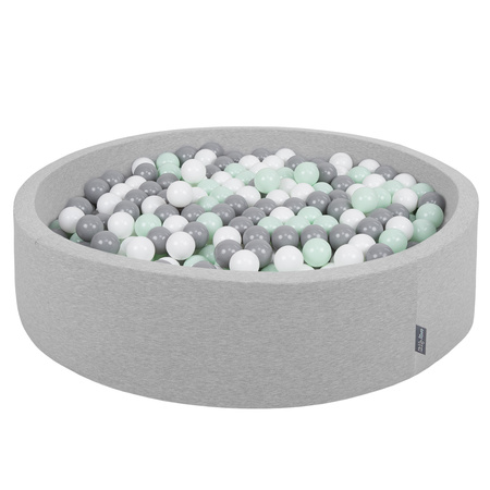 KiddyMoon Soft Ball Pit Round  ∅ 7Cm / 2.75In For Kids, Foam Ball Pool Baby Playballs Children, Made In The EU, light grey:white-grey-mint, 120x30cm/300 balls