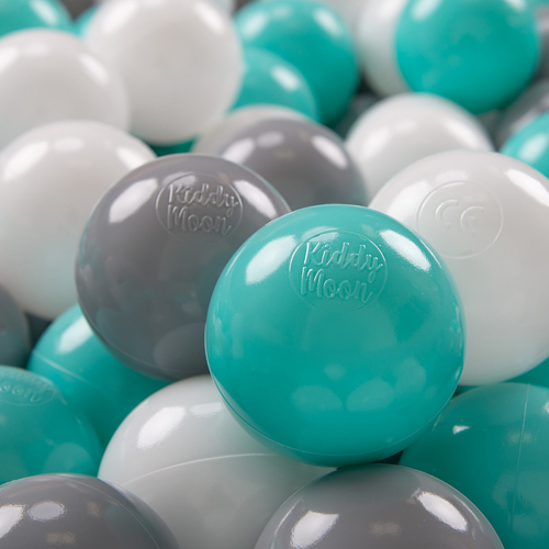 KiddyMoon Soft Plastic Play Balls ∅ 7cm/2.75in Multi-colour Made in EU, white/grey/light turquoise, 50 Balls/7cm-2.75in