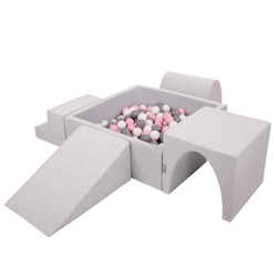 KiddyMoon Foam Playground for Kids with Square Ball pit ( ∅ 7cm/2.75In) Soft Obstacles Course and Ball Pool, Certified Made In The EU, lightgrey:white/grey/powderpink, Ballpit (200 Balls) + Version 3