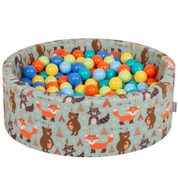 KiddyMoon Soft Ball Pit Round ∅ 7Cm / 2.75In For Kids, Foam Ball Pool Baby Playballs Children, Made In The EU, fox-green:l.green/orange/turquoise/blue/bblue/yellow, 90x30cm/200 balls