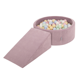 KiddyMoon Foam Playground For Kids Soft Textured Safe Blocks, purple: pastel blue/pastel yellow/white/mint/powder pink, Ballpit (100 Balls) + Wedge