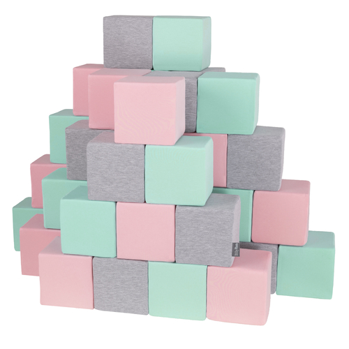 KiddyMoon Soft Foam Building Blocks for Babies & Toddlers, Washable Cotton Zip Cover, 14cm Cubes, Sensory Toy, cubes:light grey-pink-mint, 48 Pieces