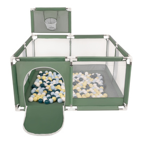 square play pen filled with plastic balls basketball, green:dark turquoise/pastel blue/pastel yellow/white, 200 balls