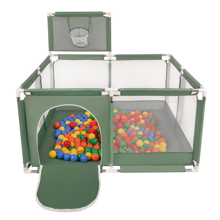 square play pen filled with plastic balls basketball, green:yellow/green/blue/red/orange, 100 balls