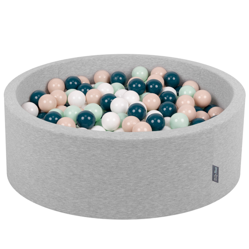 KiddyMoon Baby Foam Ball Pit with Balls ∅ 7cm / 2.75in Made in EU, light grey:dark turquoise/pastel beige/white/mint, 90 x 30 cm / 300 Balls