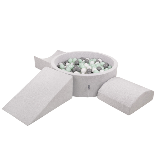 KiddyMoon Foam Playground for Kids with Round Ballpit ( ∅ 7cm/2.75In) Soft Obstacles Course and Ball Pool, Certified Made In The EU, lightgrey:white/grey/mint, Ballpit (200 Balls) + Version 4