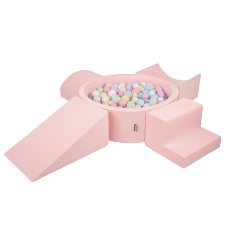 KiddyMoon Foam Playground for Kids with Round Ballpit ( ∅ 7cm/2.75In) Soft Obstacles Course and Ball Pool, Certified Made In The EU, pink:pastel blue/pastel yellow/white/mint/light pink, Ballpit (200 Balls) + Version 5