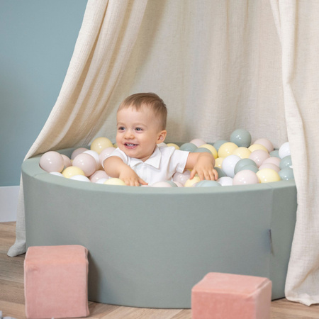 KiddyMoon Baby Foam Ball Pit with Balls ∅ 7cm / 2.75in, sage: pastel beige/green-grey/pastel yellow/white, 90x30cm/200 balls