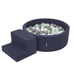 KiddyMoon Foam Playground for Kids with Round Ballpit (200 Balls ∅ 7cm/2.75In) Soft Obstacles Course and Ball Pool, Certified Made In The EU, darkblue:white/grey/mint, Ballpit (100 Balls) + Steps