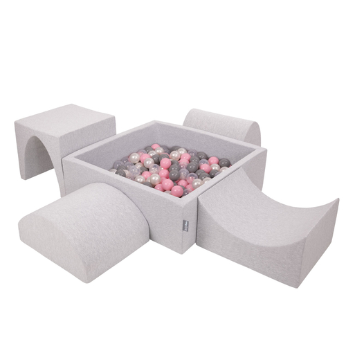 KiddyMoon Foam Playground for Kids with Square Ballpit ( ∅ 7cm/2.75In) Soft Obstacles Course and Ball Pool, Certified Made In The EU, lightgrey:pearl/grey/transparent/powderpink, Ballpit (200 Balls) + Version 1