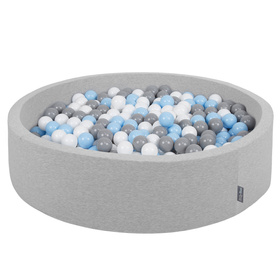 KiddyMoon Soft Ball Pit Round  ∅ 7Cm / 2.75In For Kids, Foam Ball Pool Baby Playballs Children, Made In The EU, light grey:grey-white-babyblue, 120x30cm/1000 balls