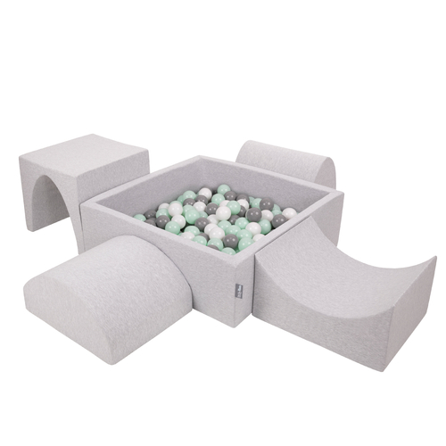 KiddyMoon Foam Playground for Kids with Square Ball pit ( ∅ 7cm/2.75In) Soft Obstacles Course and Ball Pool, Certified Made In The EU, lightgrey:white/grey/mint, Ballpit (300 Balls) + Version 1