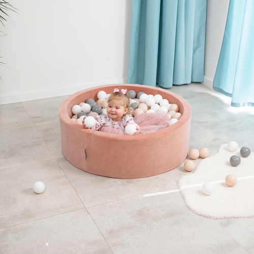 KiddyMoon Soft Ball Pit Round 7cm / 2.75In for Kids, Foam Velvet Ball Pool Baby Playballs, sand beige: pastel beige/white/pearl, 90x30cm/200 balls