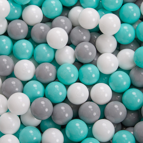 KiddyMoon Baby Foam Ball Pit with Balls ∅ 7cm / 2.75in Square Made in EU, light grey:white/grey/light turquoise, 90x30cm/200 balls