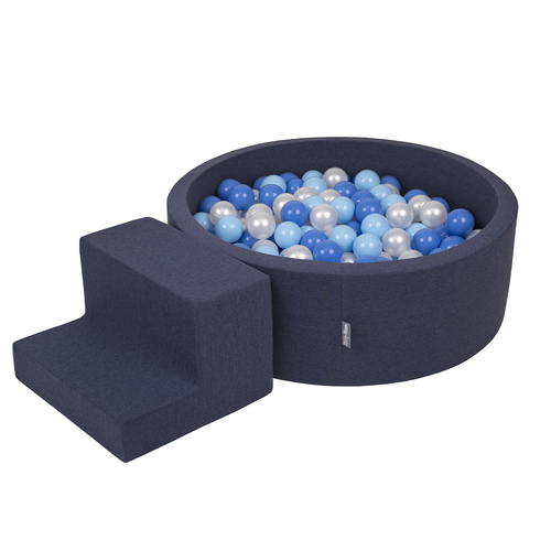 KiddyMoon Foam Playground for Kids with Round Ball pit (200 Balls ∅ 7cm/2.75In) Soft Obstacles Course and Ball Pool, Certified Made In The EU, darkblue:babyblue/blue/pearl, Ballpit (200 Balls) + Steps