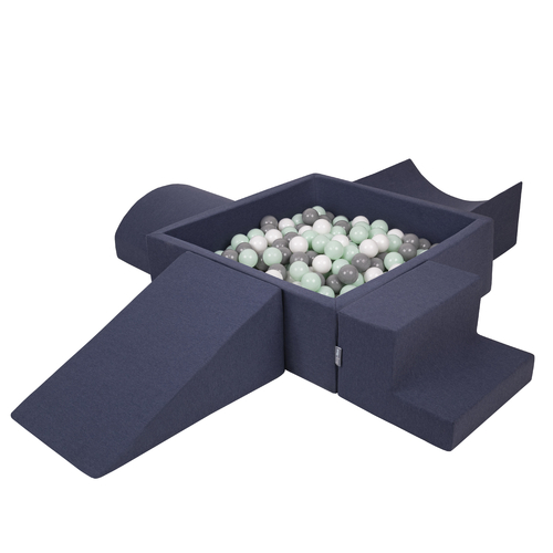 KiddyMoon Foam Playground for Kids with Square Ball pit ( ∅ 7cm/2.75In) Soft Obstacles Course and Ball Pool, Certified Made In The EU, darkblue:white/grey/mint, Ballpit (300 Balls) + Version 5