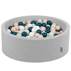 KiddyMoon Baby Foam Ball Pit with Balls ∅ 7cm / 2.75in Made in EU, light grey:dark turquoise/pastel beige/white/mint, 90 x 30 cm / 200 Balls