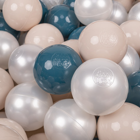 KiddyMoon Soft Plastic Play Balls ∅ 7cm/2.75in Multi-colour Made in EU, dark turquoise/pastel beige/pearl, 100 Balls/7cm-2.75in