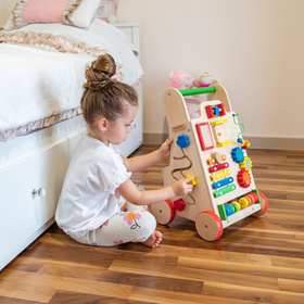 KiddyMoon Wooden Baby Walker Interactive Educational Toy for Children Multifunctional Push-Along Toy for Babies Montessori Walker for Kids Model WK-002, Multicolored, Adjustable Handle