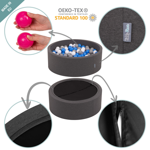 KiddyMoon Soft Ball Pit Round  ∅ 7Cm / 2.75In For Kids, Foam Ball Pool Baby Playballs Children, Made In The EU, dark grey:grey-white-turquoise, 120x30cm/600 balls