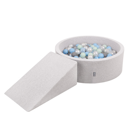 KiddyMoon Foam Playground for Kids with Round Ballpit ( ∅ 7cm/2.75In) Soft Obstacles Course and Ball Pool, Certified Made In The EU, lightgrey:pearl/grey/transparent/babyblue/mint, Ballpit (100 Balls) + Wedge