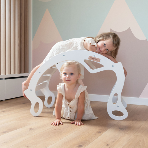 KiddyMoon Wooden Rocker for Kids Multifunctional Montessori Arch Wooden Toy Climbing Play Arch for Children, Seesaw Made of Wood for Babies WR-001, White, 90.6x39x69 cm