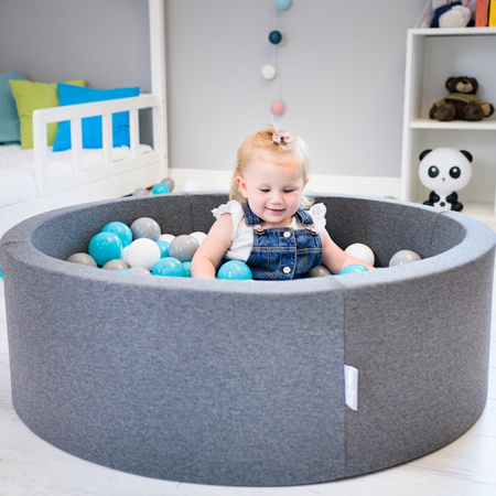 KiddyMoon Baby Foam Ball Pit with Balls ∅ 7cm / 2.75in Made in EU, dark grey:grey/white/turquoise, 90x30cm/200 balls