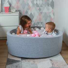 KiddyMoon Baby Foam Ball Pit with Balls ∅ 7cm / 2.75in Made in EU, light grey:light pink/pearl/transparent, 90x30cm/300 balls