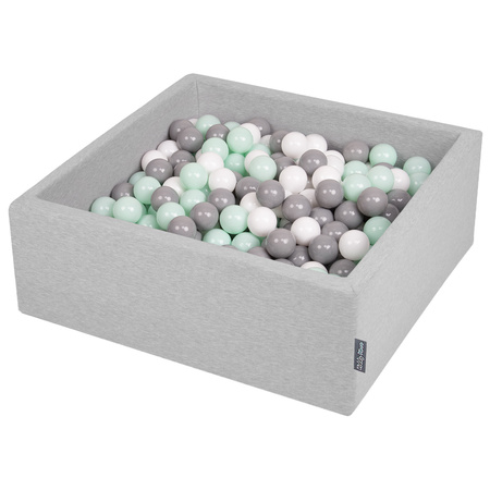 KiddyMoon Baby Foam Ball Pit with Balls ∅ 7cm / 2.75in Square Made in EU, light grey: white/grey/mint, 90x30cm/300 balls