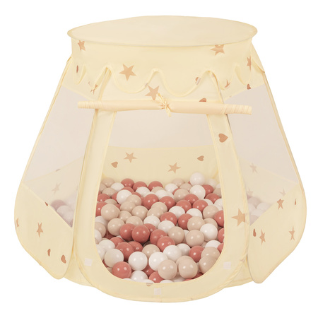 Play Tent Castle House Pop Up Ballpit Shell Plastic Balls For Kids, Light Beige: Pastel Beige/Salmon Pink/White, 105x90cm/100 balls